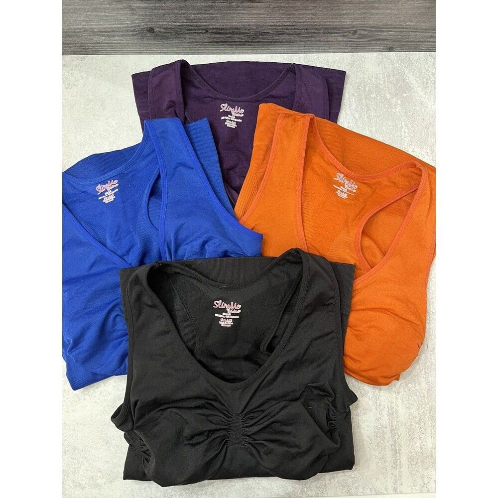 NWOT Slim Me By Me Moi Racer Back Tank Top Lot Of 4 Black Purple Orange Blue